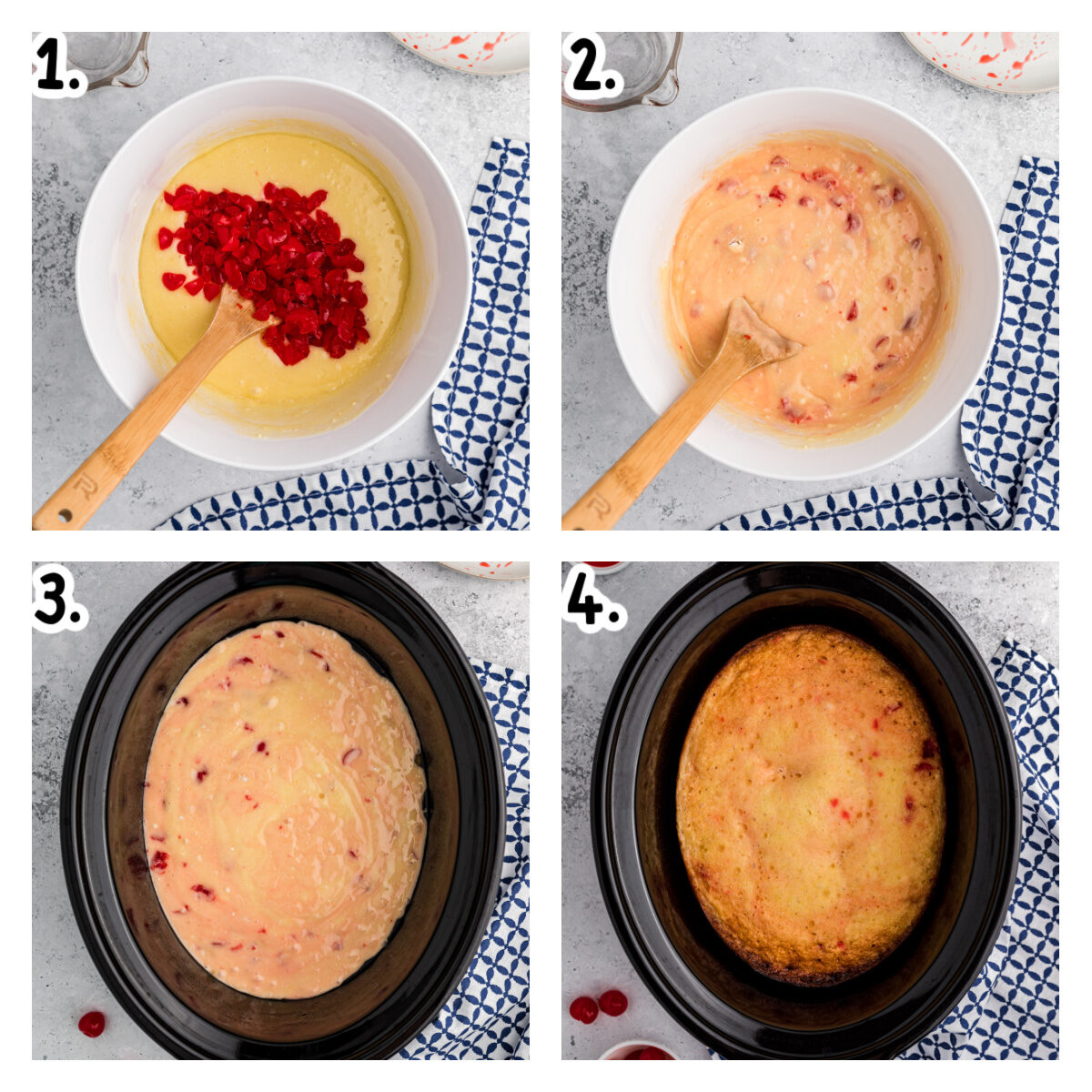 Four images showing how to cook a cake in a slow cooker.