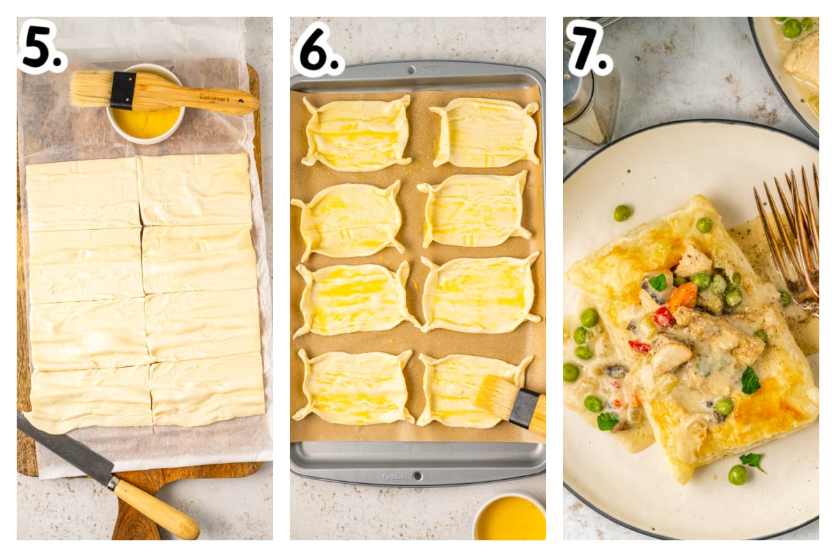 Three images of puff pastry and chicken ala king sauce.