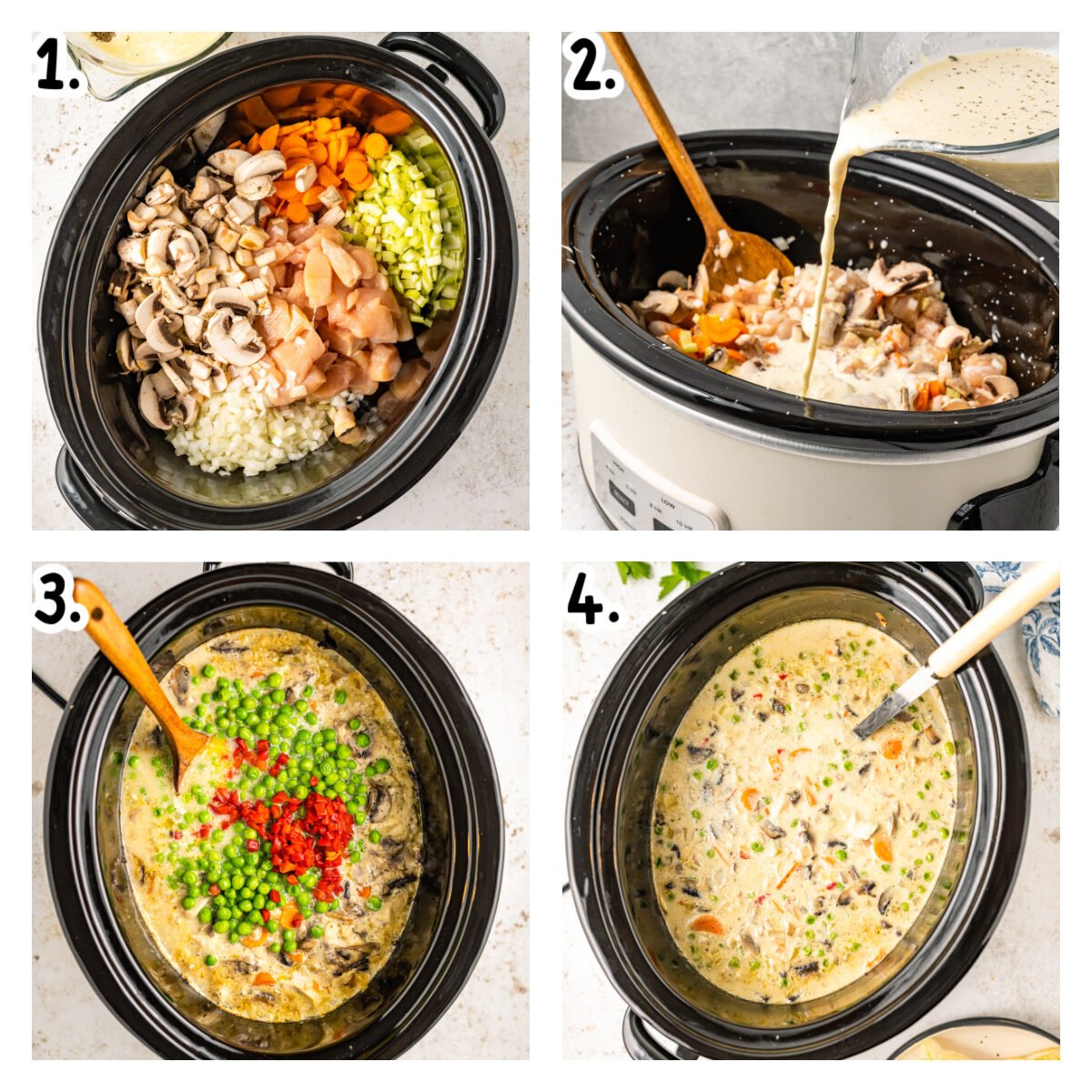 Four images of how to make chicken ala king.