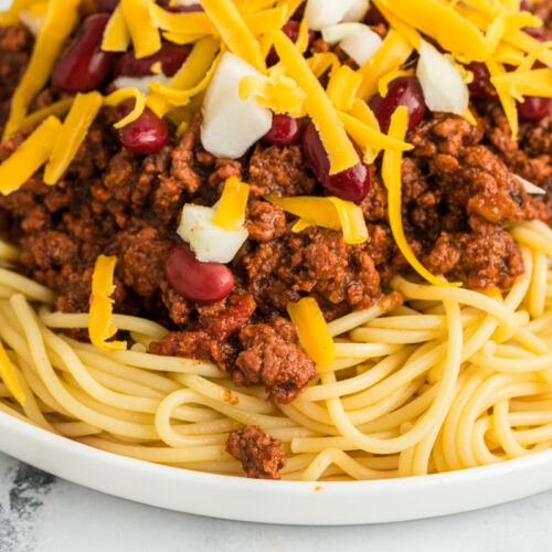 Close up up cincinnati chili on spaghetti.