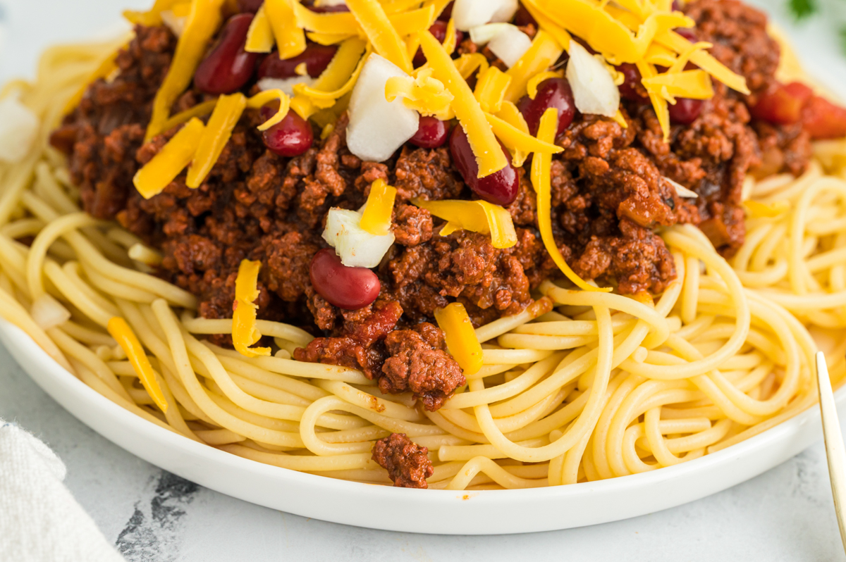 Close up up cincinnati chili on spaghetti.