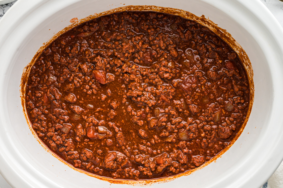 overhead shot of cincinnati chili in a slow cooker.