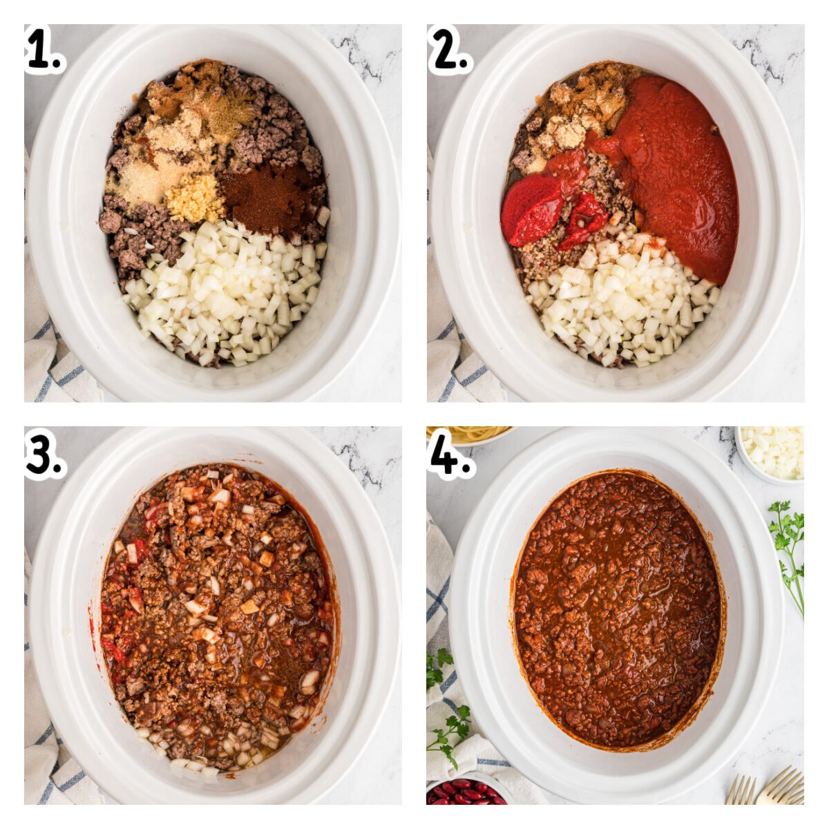 four images showing how to make cincinnati chili in a slow cooker.