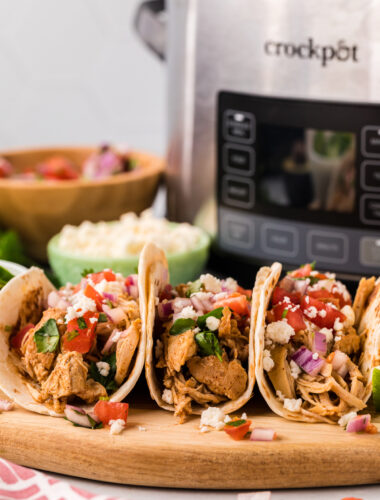 Cool ranch tacos in front of a slow cooker.