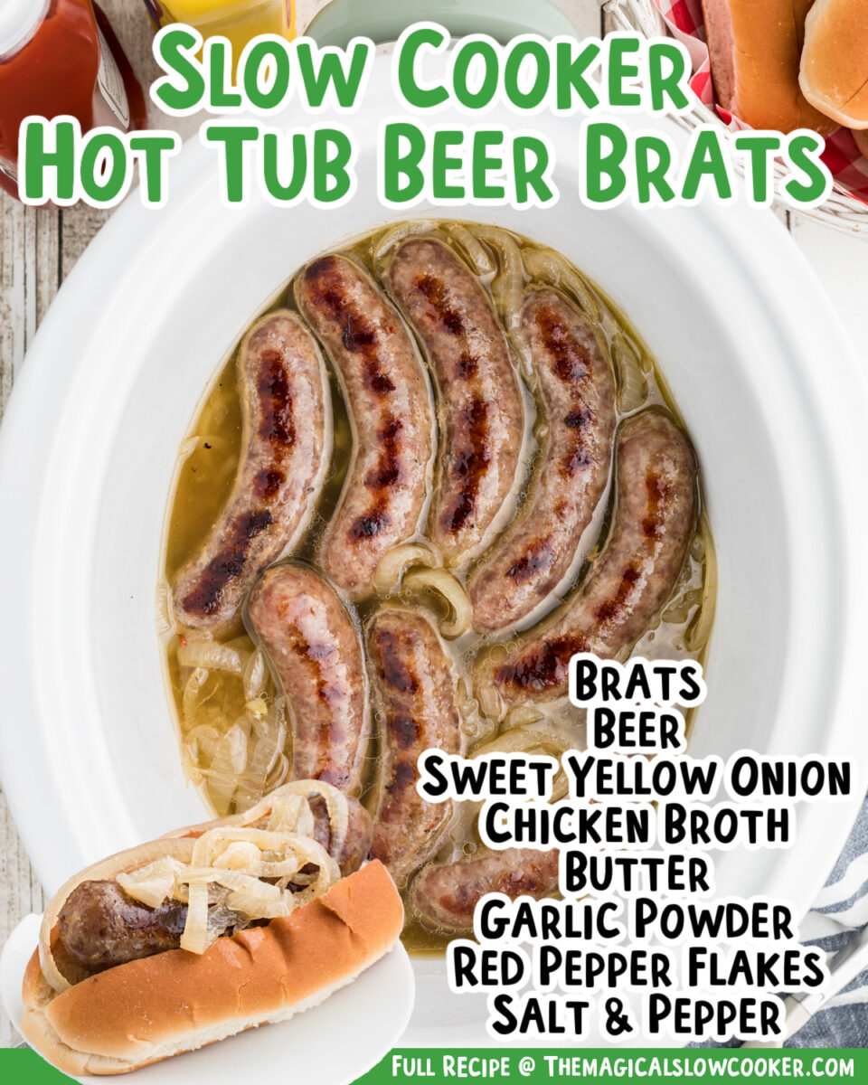 Images of hot tub beer brats with text overlay.