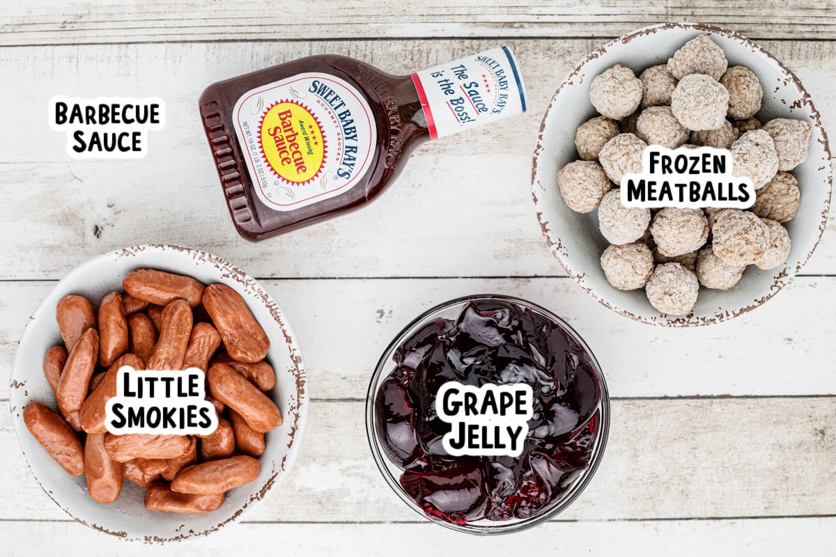 ingredients for meatballs and smokies on a table.