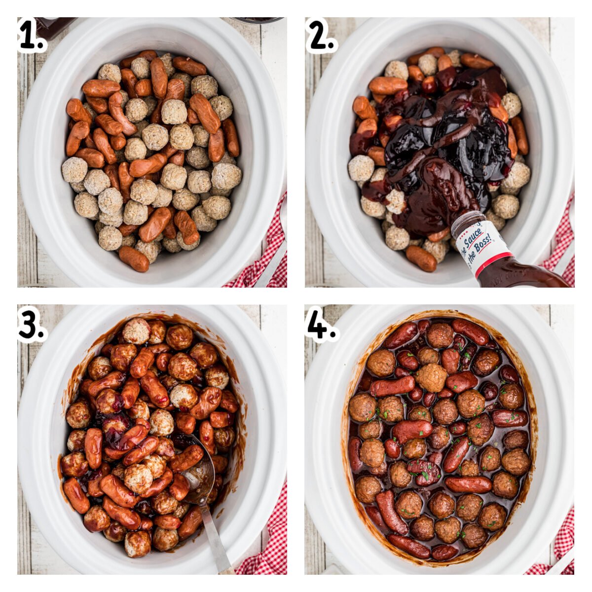 Four images showing how to make little smokies in the slow cooker.