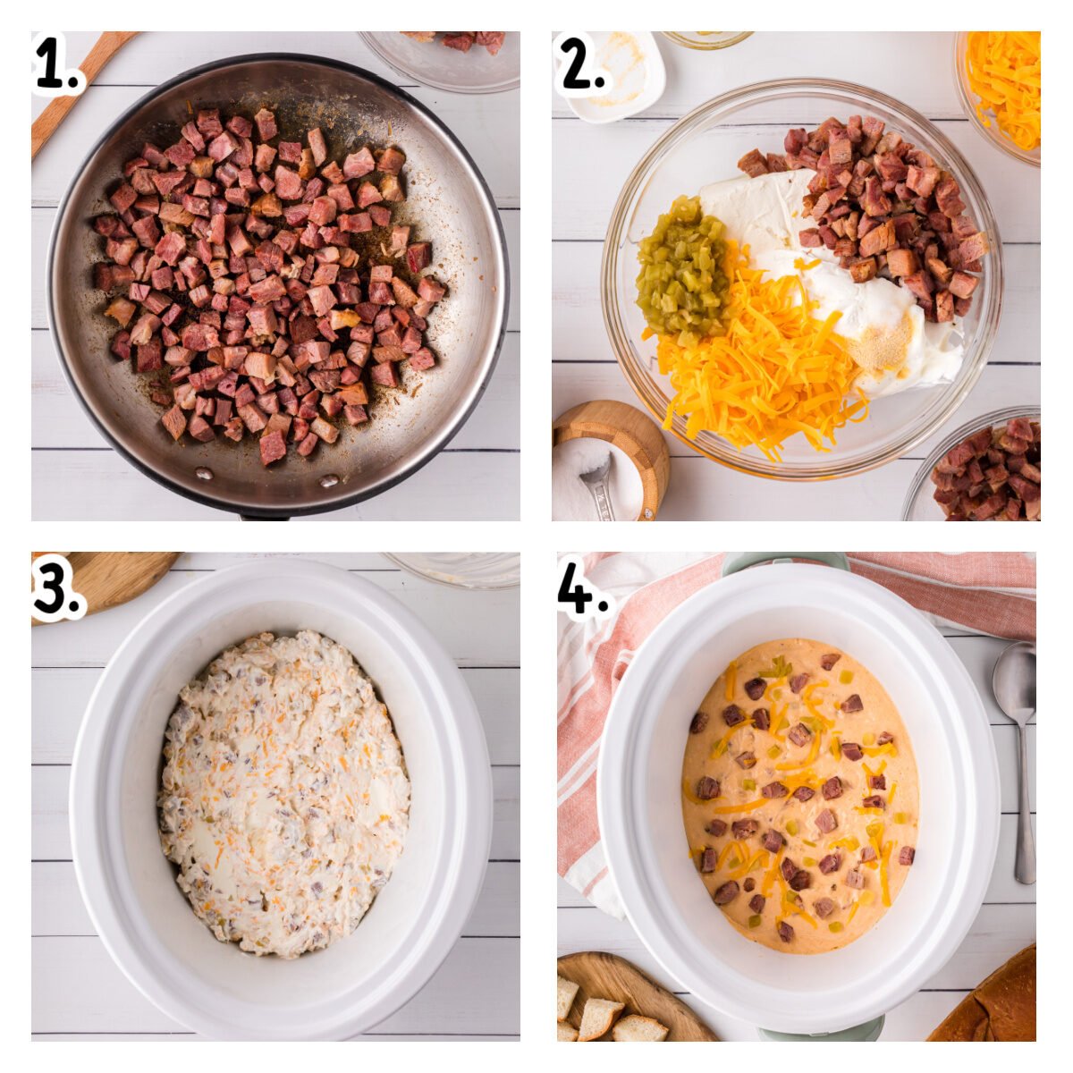 Four images showing how to make mississippi sin dip in a slow cooker.