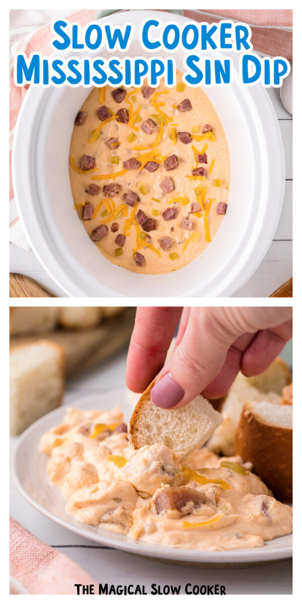 2 images of mississippi sin dip with bread dipping in it.