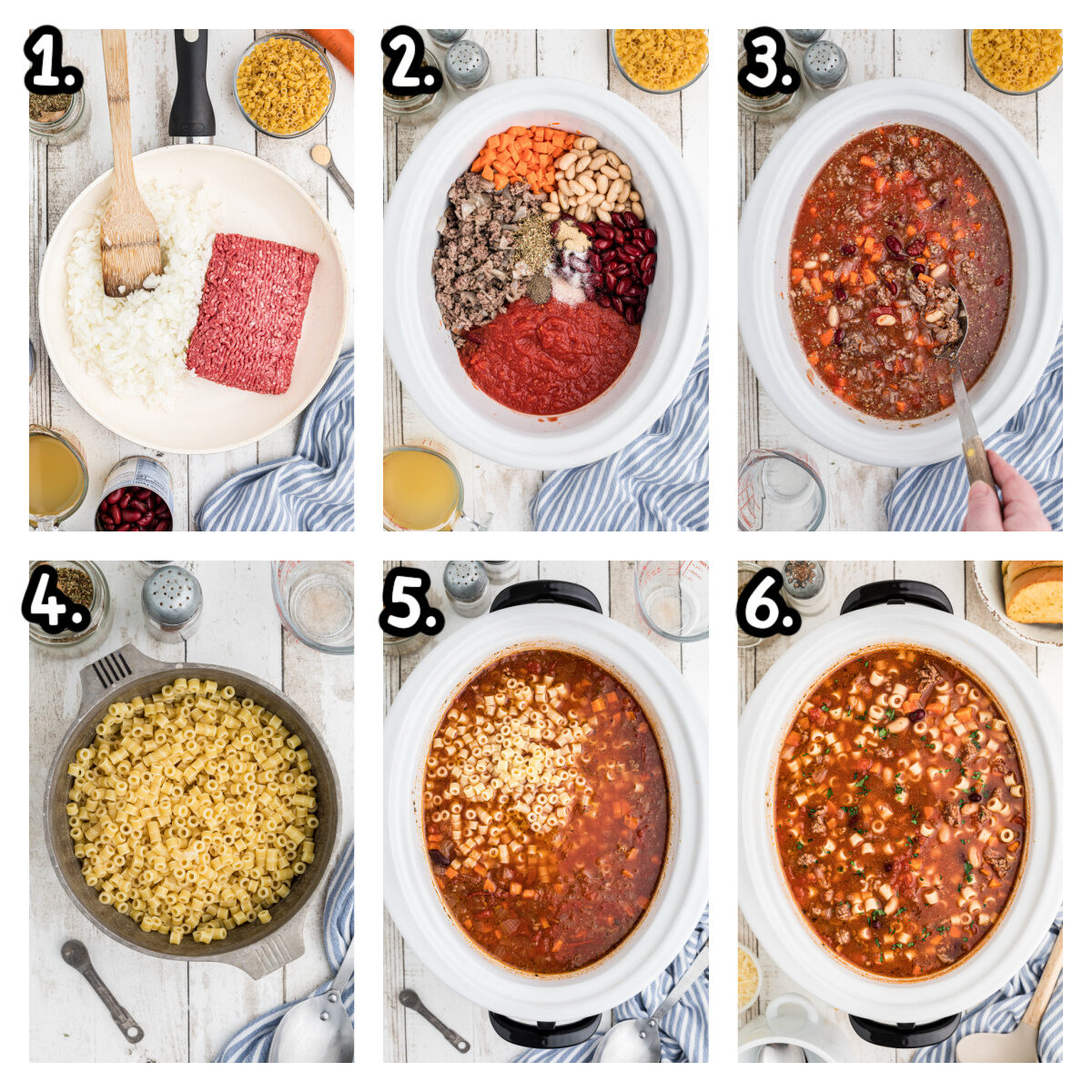 Six images showing how to make pasta fagoli in a slow cooker.