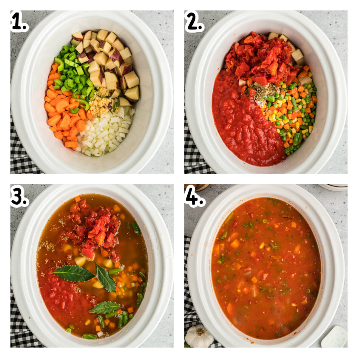 Four images showing how to make vegetable soup in a slow cooker.