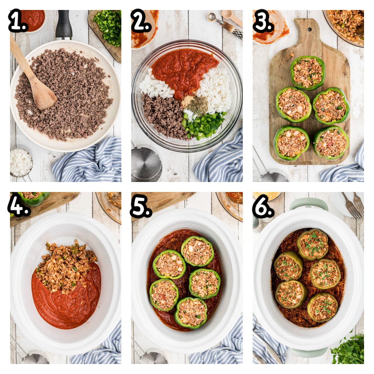 6 images showing how to make beef stuffed peppers in the slow cooker.