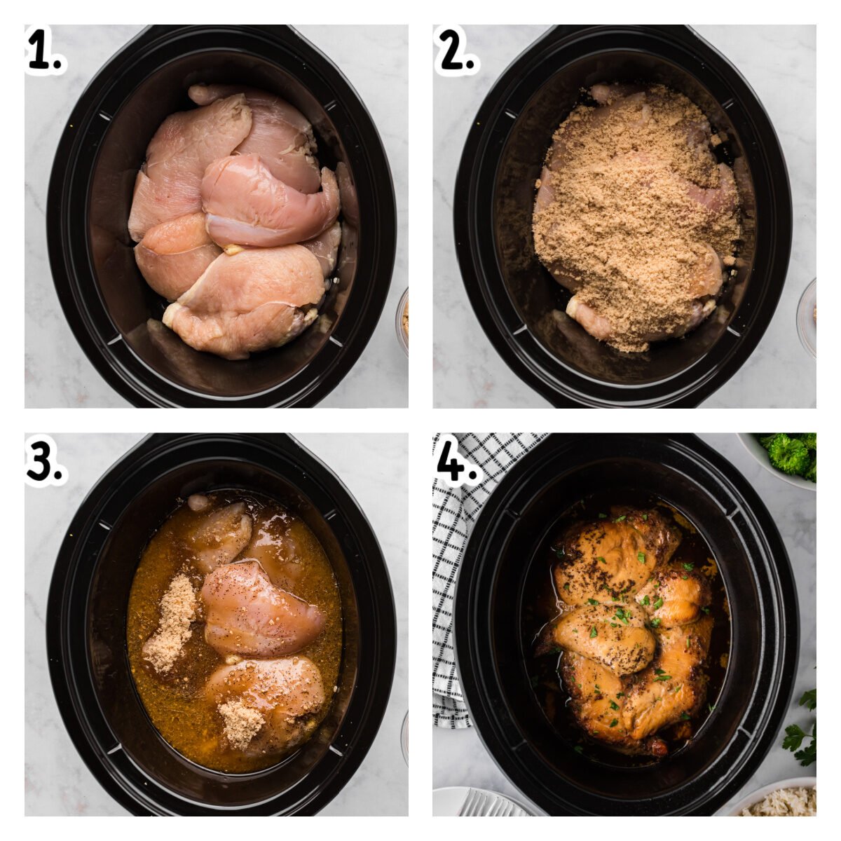 Four images showing how to make brown sugar chicken.