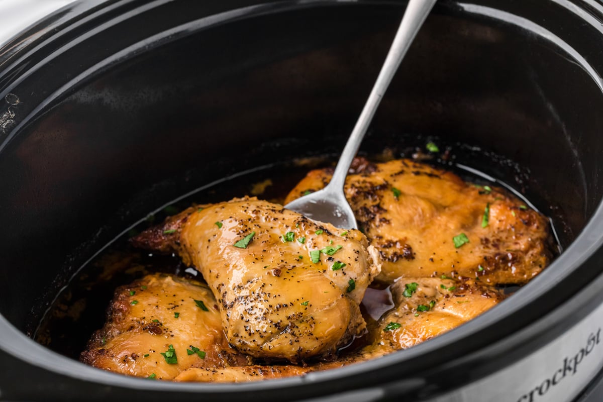 Brown sugar chicken breasts, done cooking in a crock pot.