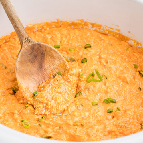 buffalo dip with a wooden spoon in it.