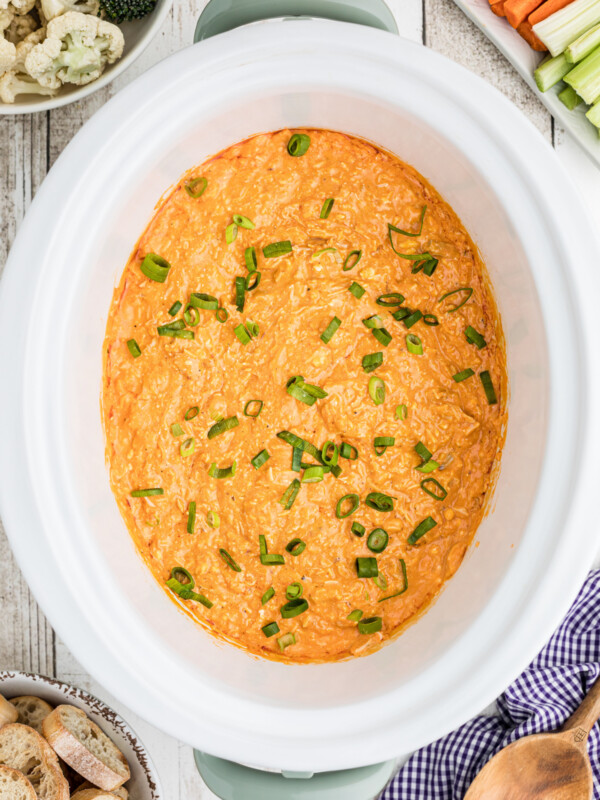 Buffalo chicken dip with green onions on top.