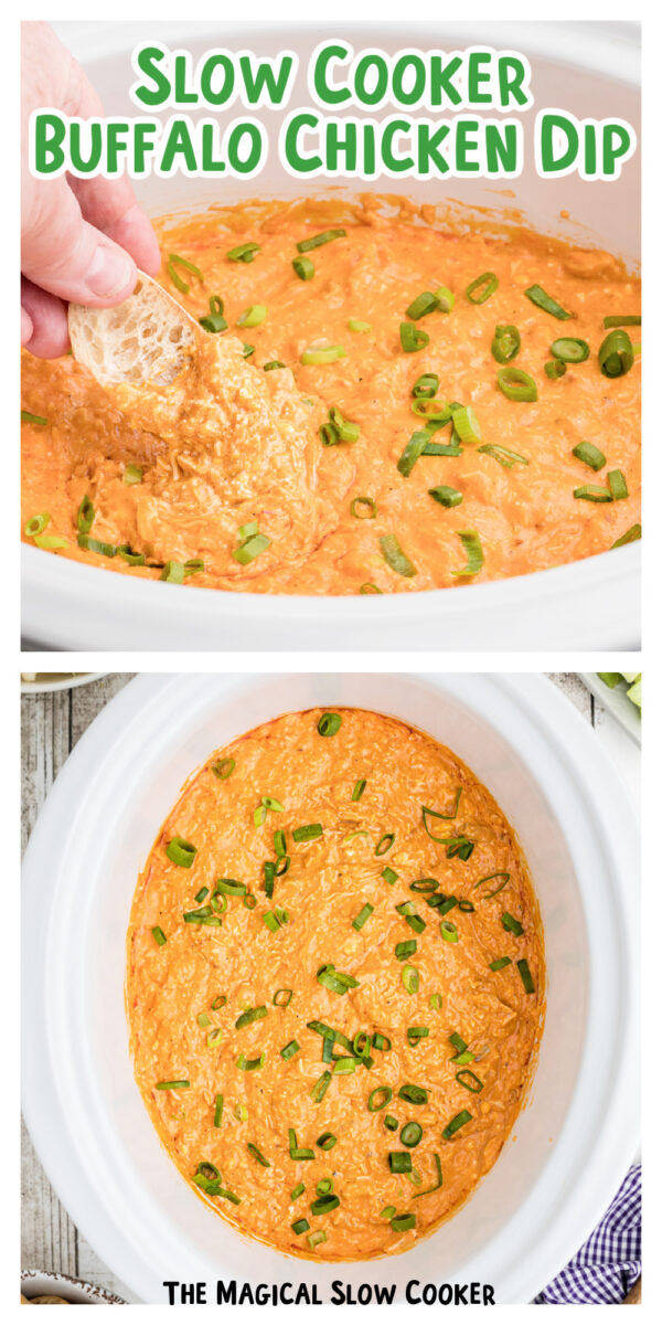 2 images of buffalo chicken dip with text overlay.