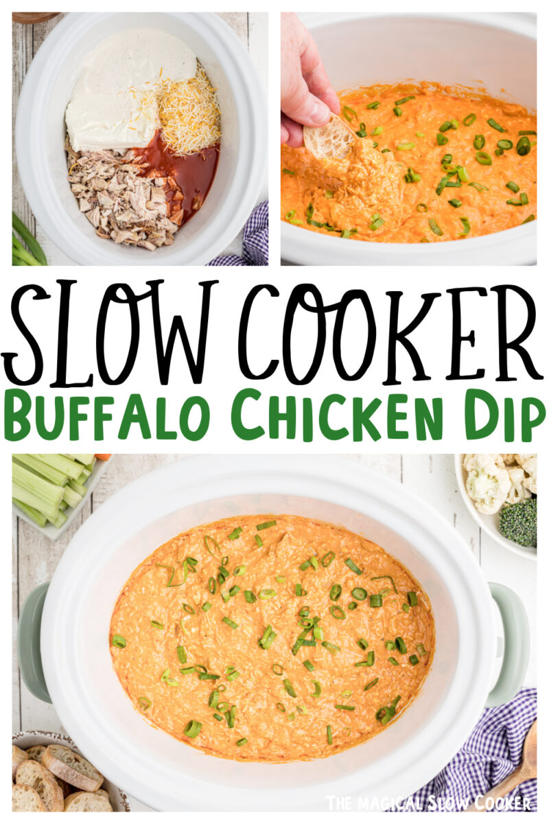 buffalo chicken dip images with text of ingredients.