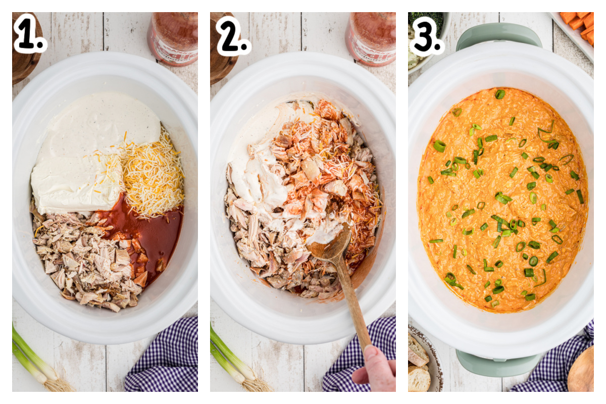 three images showing how to make buffalo dip in a slow cooker.