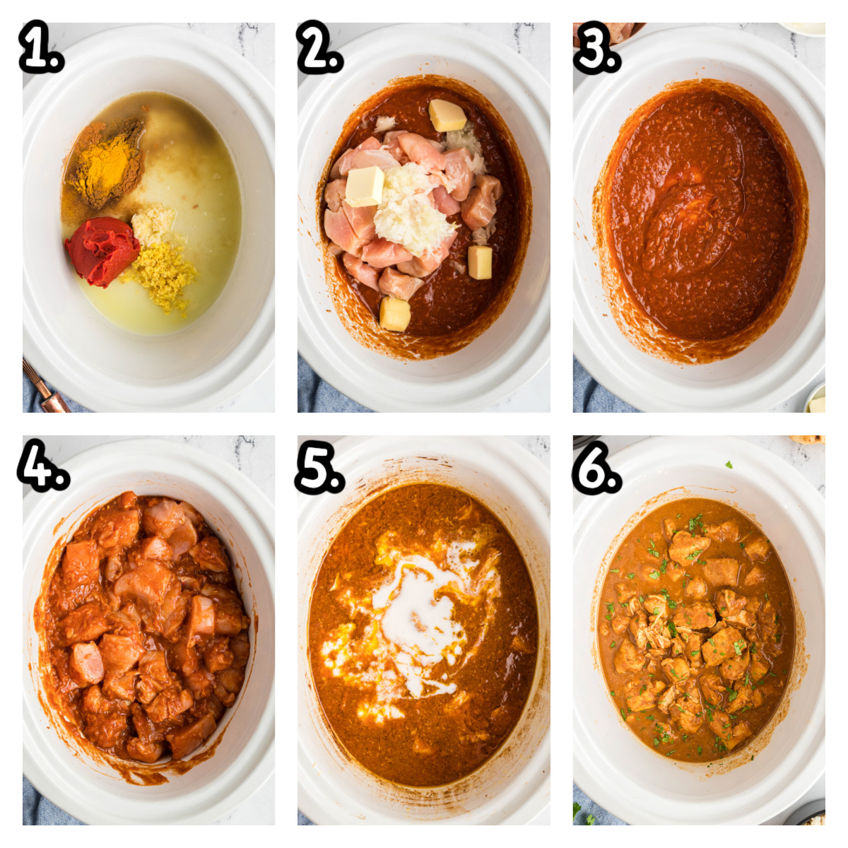 collage of images showing how to make butter chicken in a slow cooker.