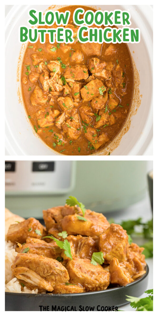 2 images of butter chicken for pinterest.