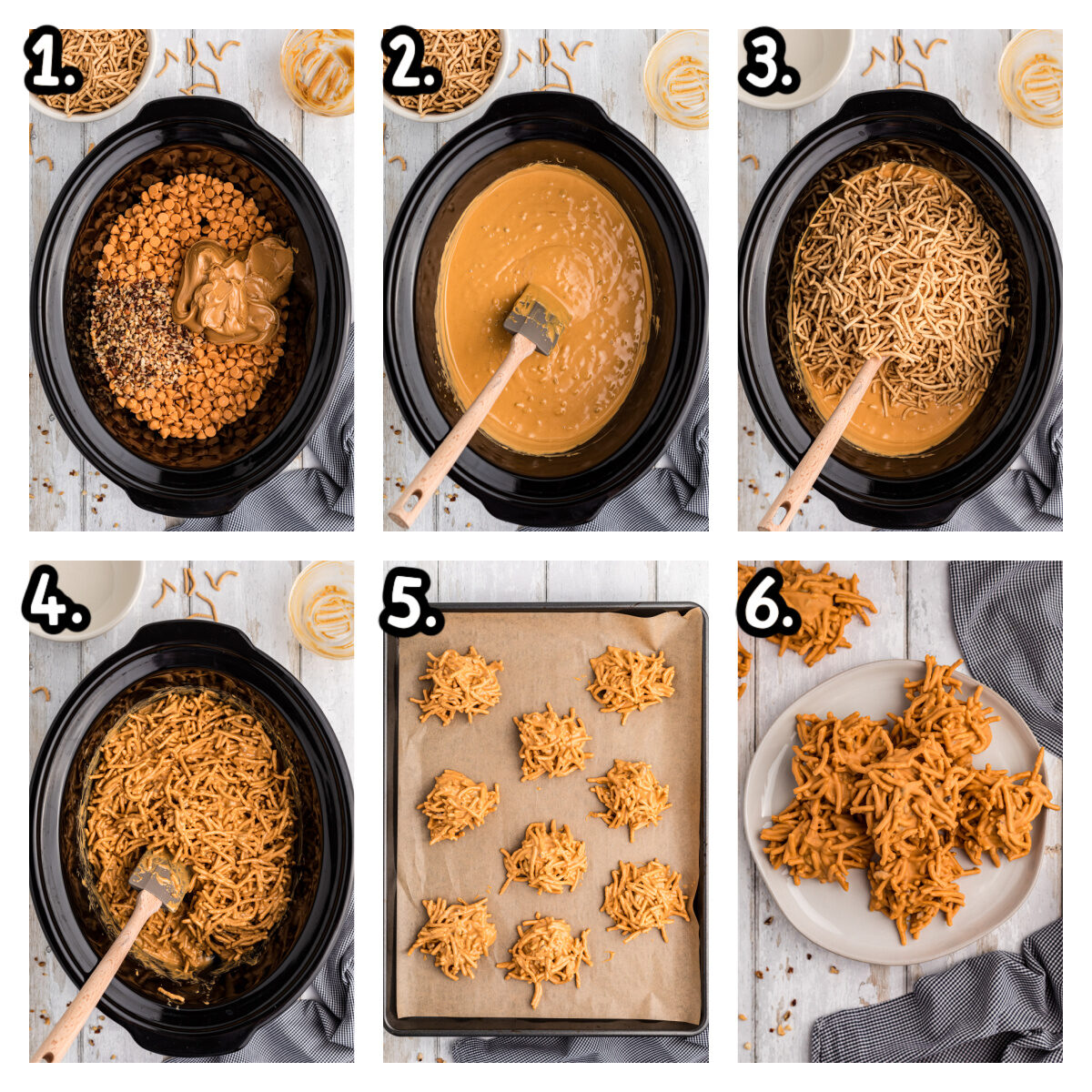 6 images showing how to make butterscotch haystacks in a slow cooker.