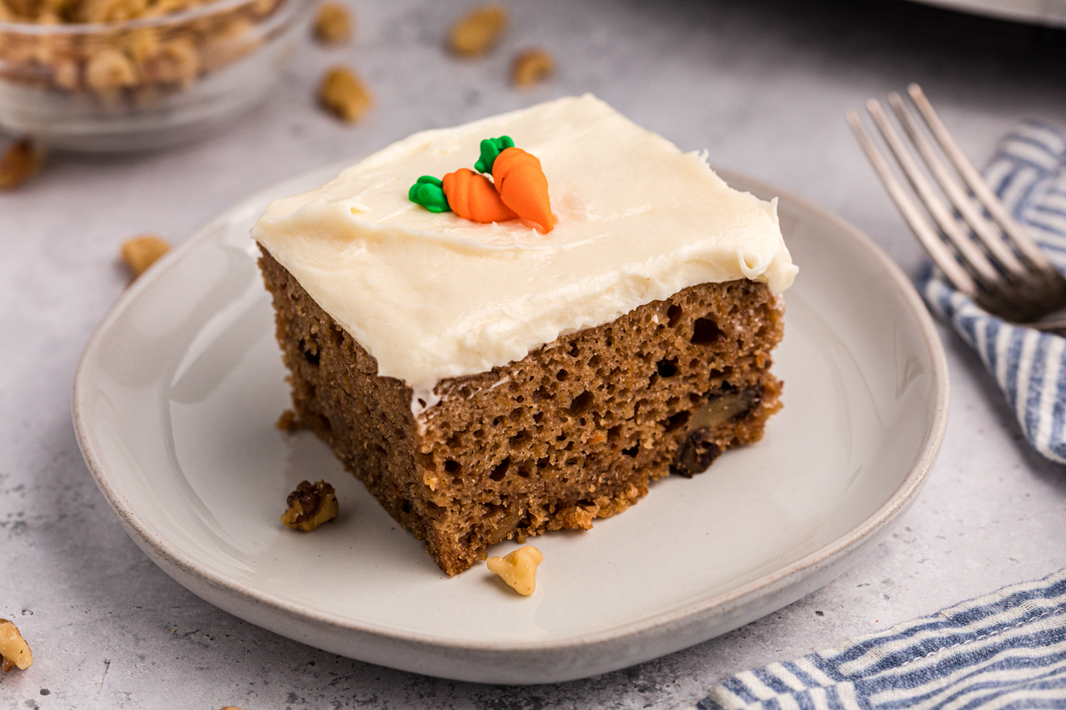 slice of carrot cake on a plate.