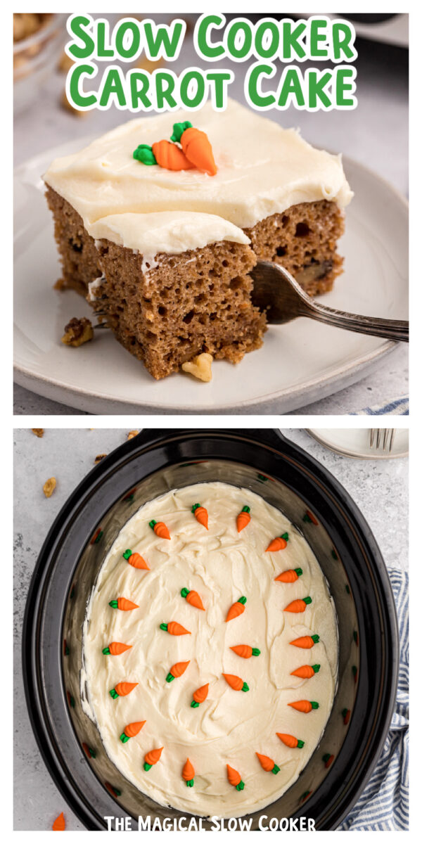 2 images of carrot cake with text overlay for pinterest.