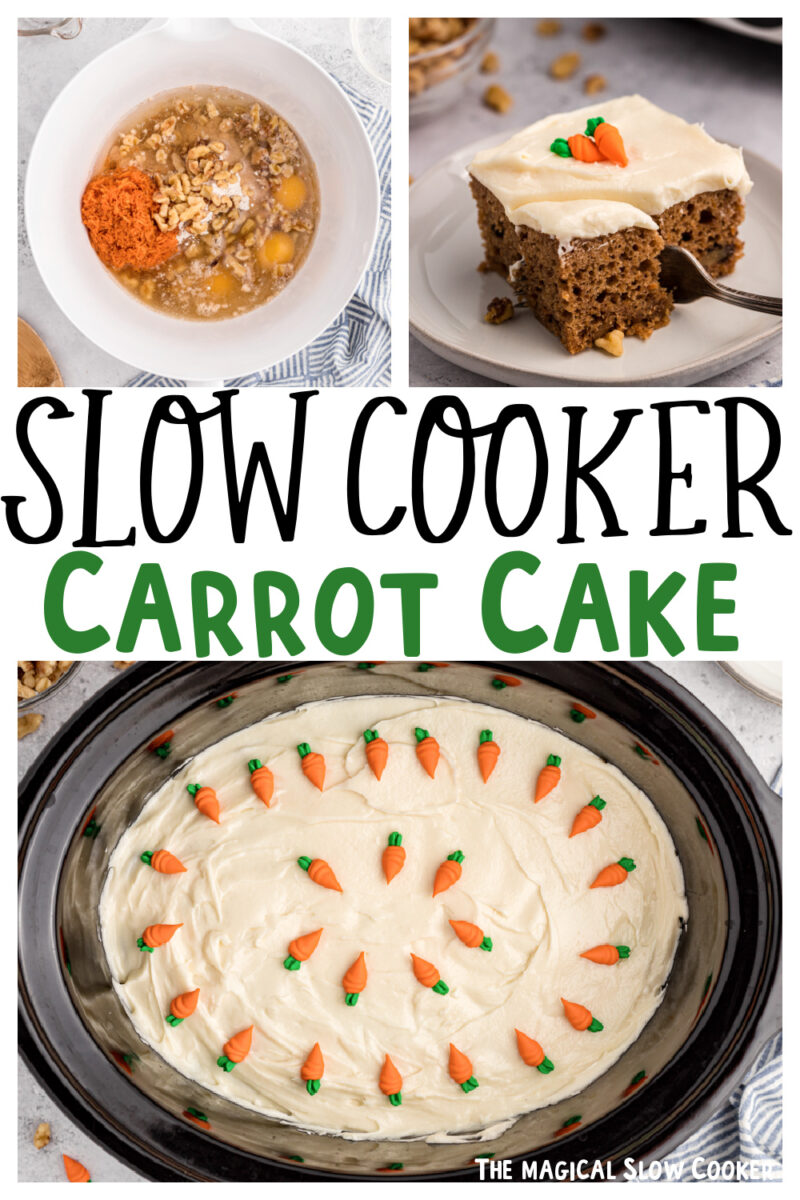 Images of carrot cake with text overlay for pinterest.