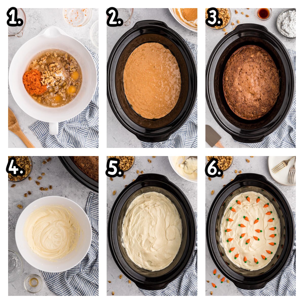 Six images of how to make carrot cake in slow cooker.