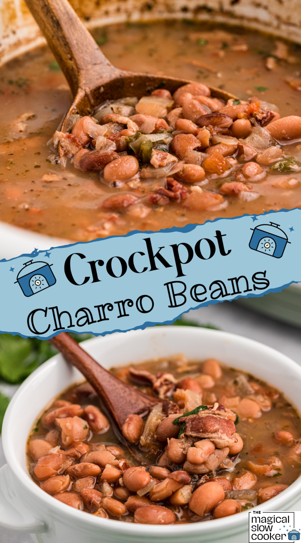 2 images of crockpot charro beans.