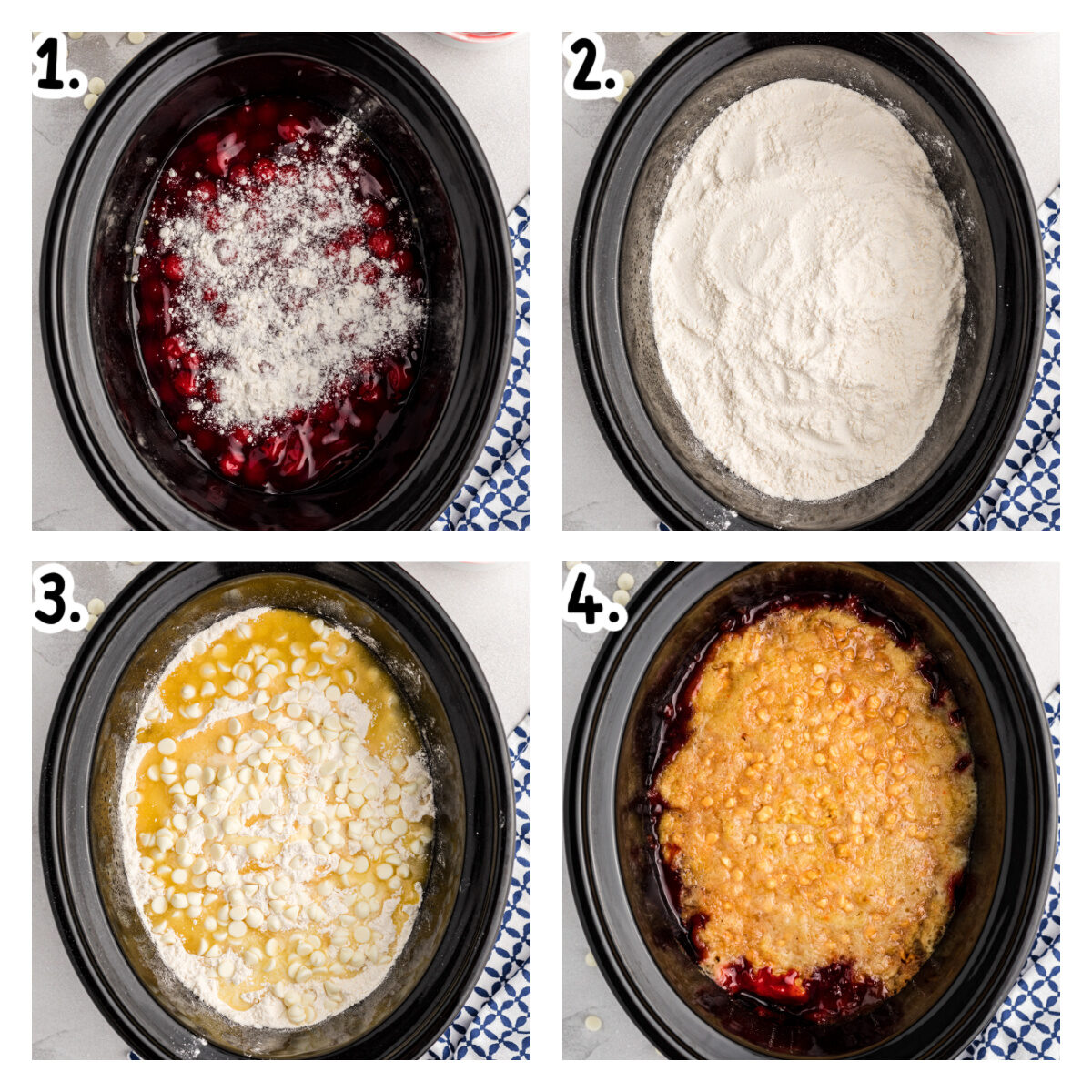 Four images showing how to make cherry dump cake in a slow cooker.