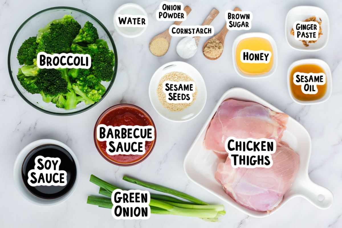 Ingredients for chicken and broccoli on a table.