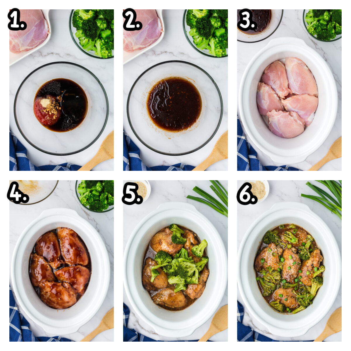 6 images showing how to make chicken and broccoli.