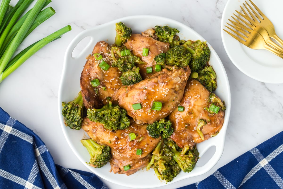 chicken and broccoli on a platter.