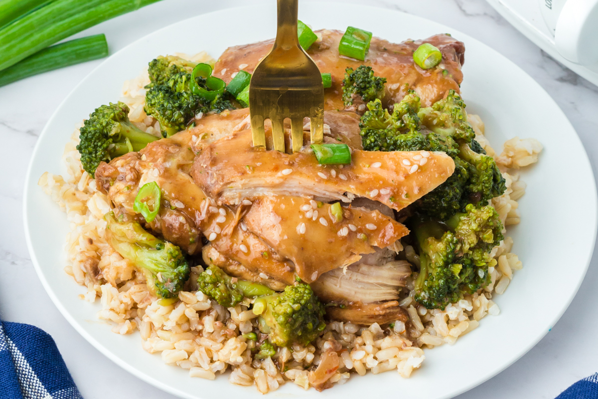 chicken and broccoli on a bed of rice on a plate.