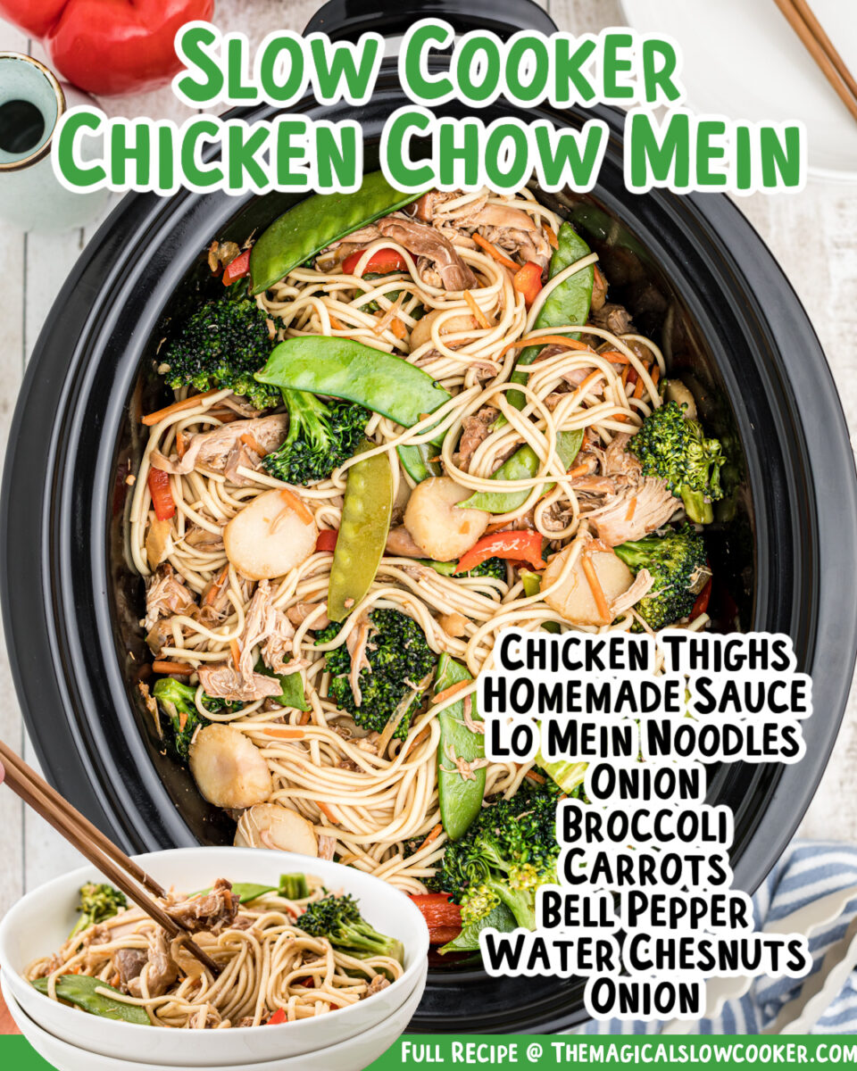Images of chicken chow mein with text for facebook.