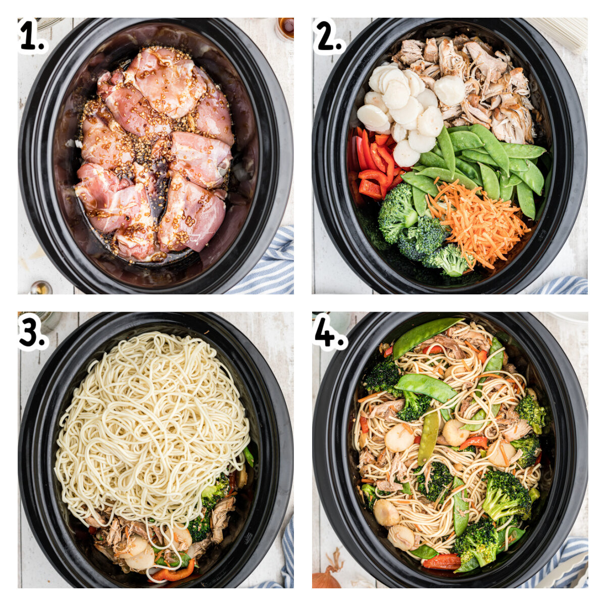 Four images showing how to make chicken chow mein in a slow cooker.
