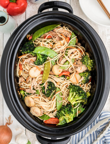 Chicken chow mein in a crockpot.