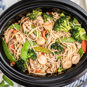 Overhead shot of chicken chow mein in a slow cooker.