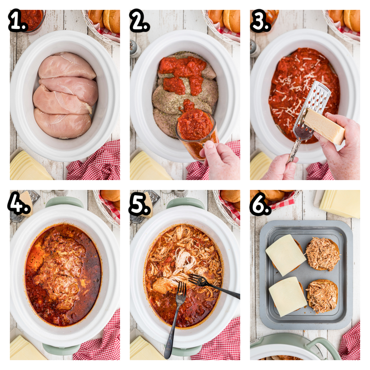 6 images of how to make chicken parmesan sandwiches in a slow cooker.