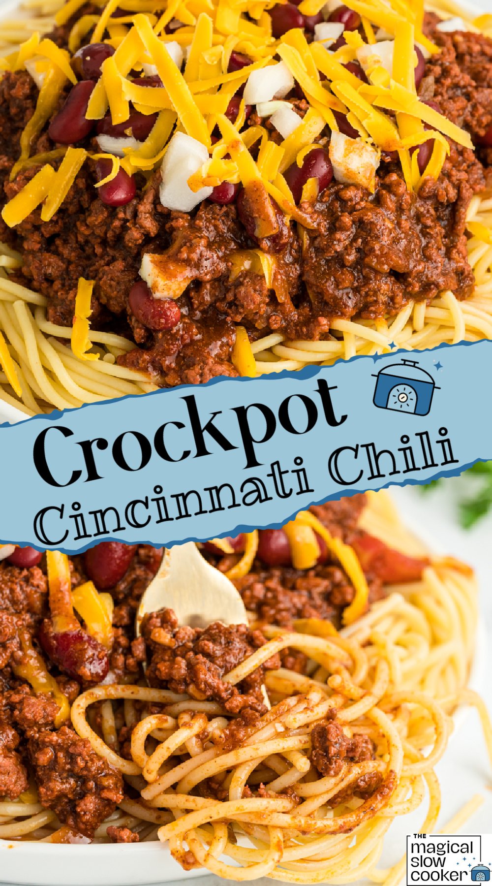 Cincinatti chili on spaghetti, 2 images.