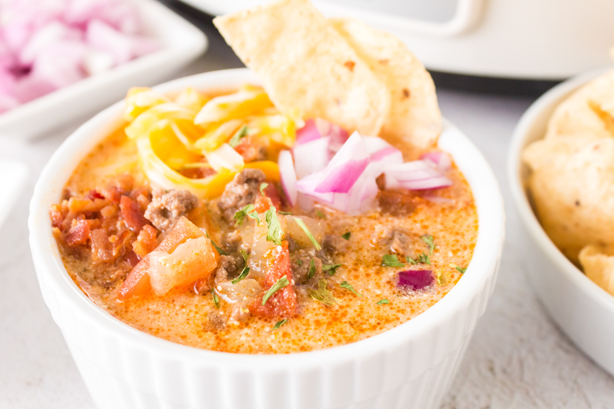 close up of a bowl of taco soup.