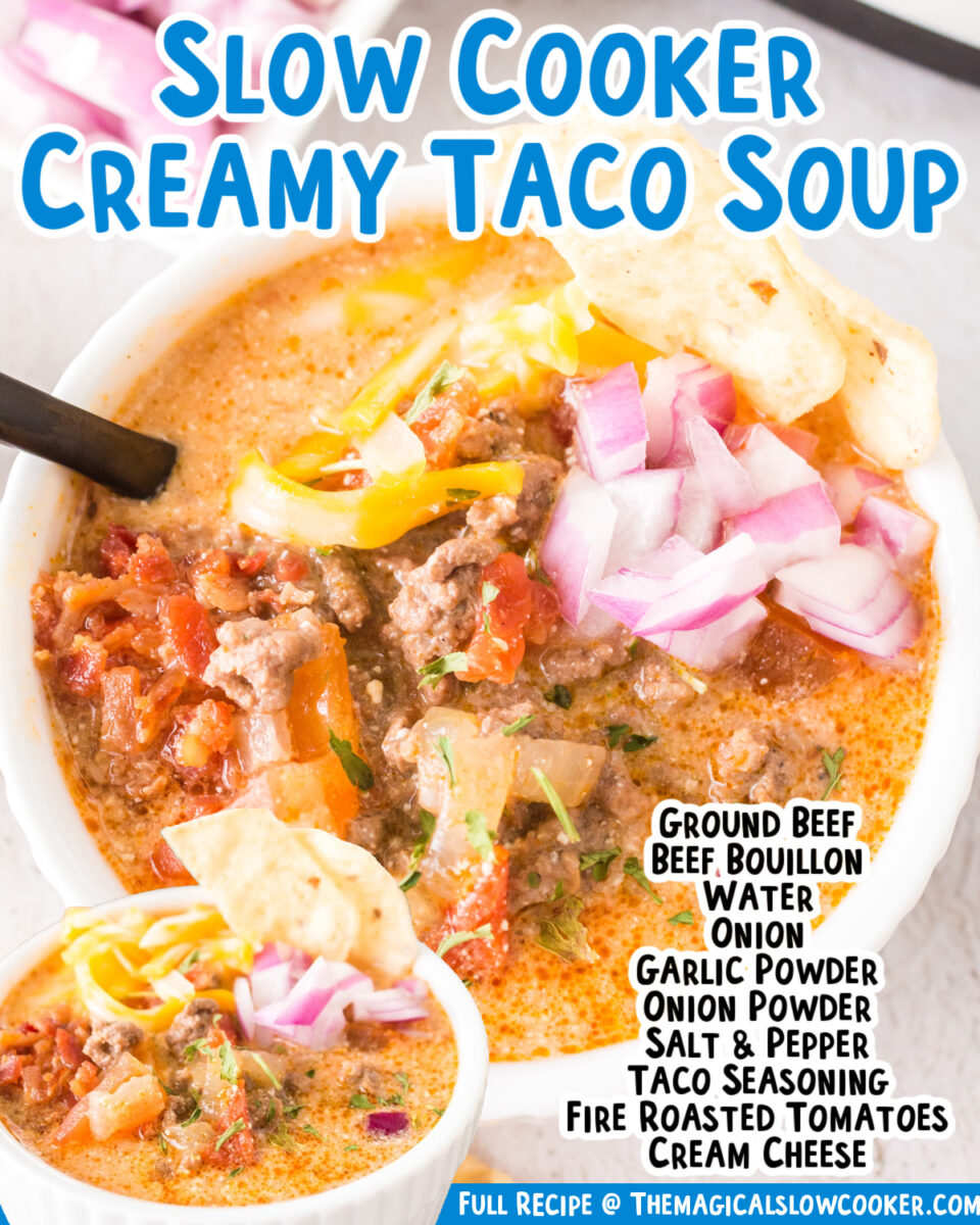 images of taco soup with text overlay of the ingredients.