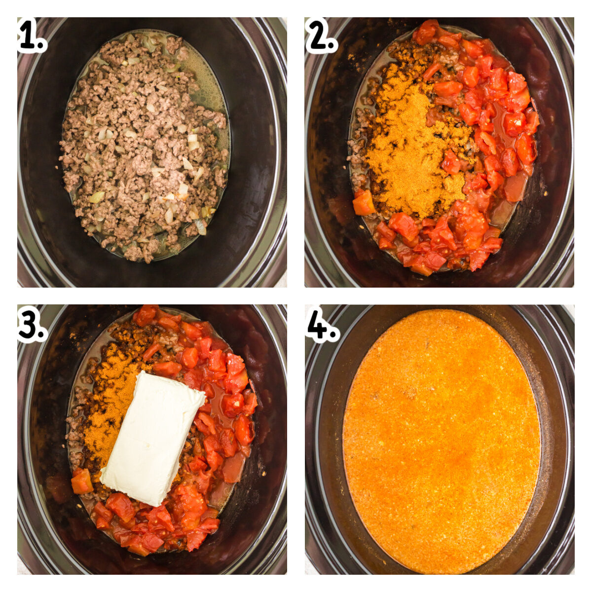 Four images showing how to make taco soup in a slow cooker.