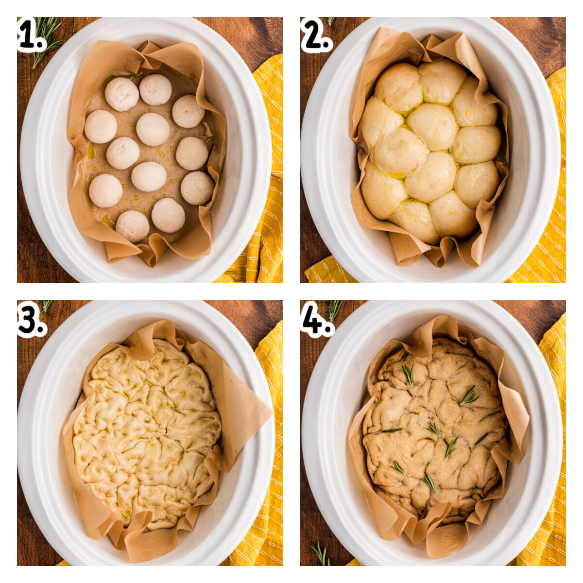 Four images showing how to make focaccia bread in a crock pot.