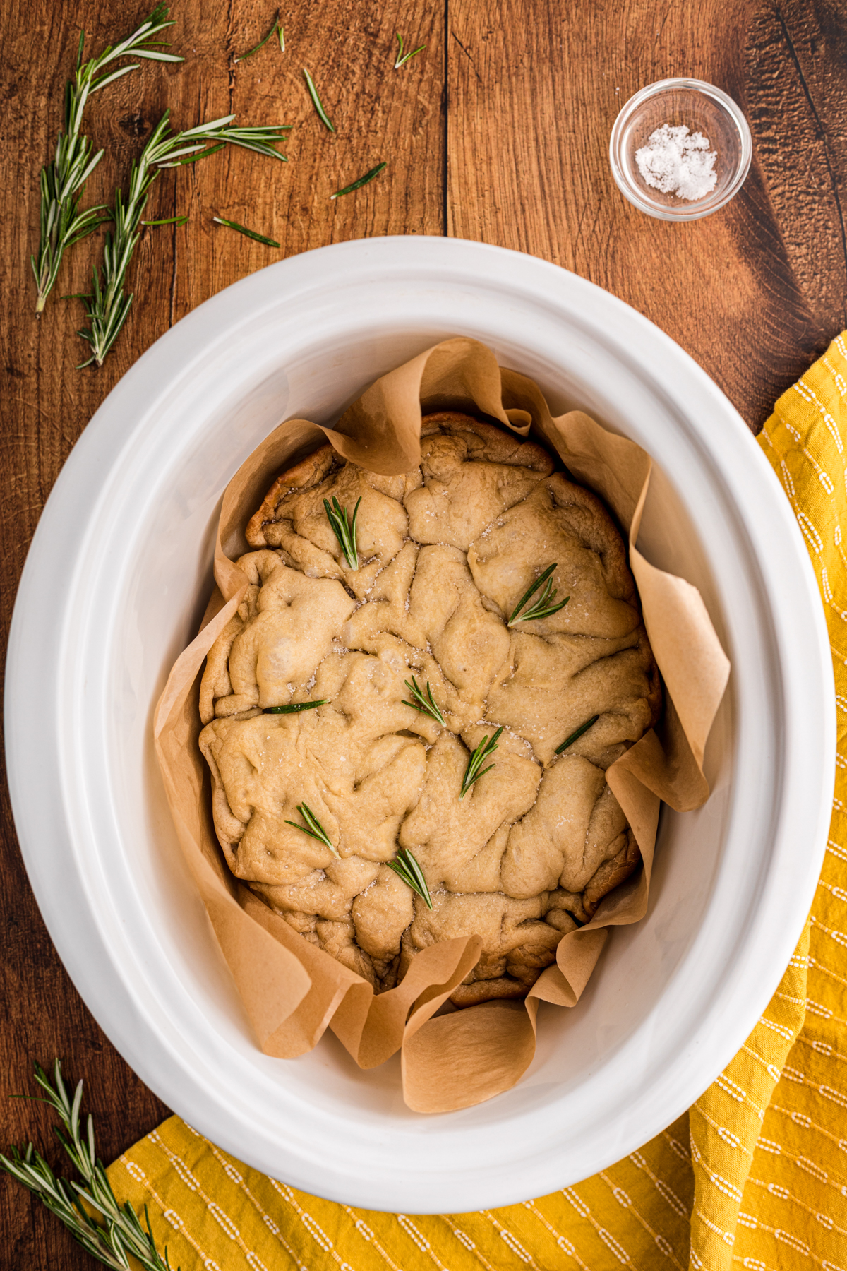 cooked focaccia bread in the slow cooker.