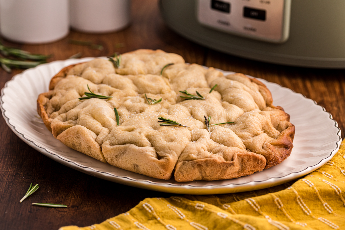 focaccia bread on a platter.