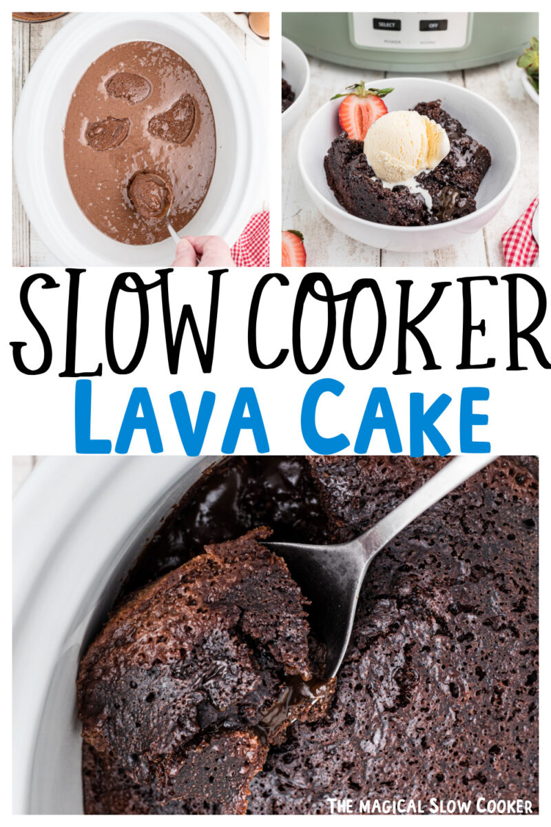 Images of lave cake with text over lay for pinterest.