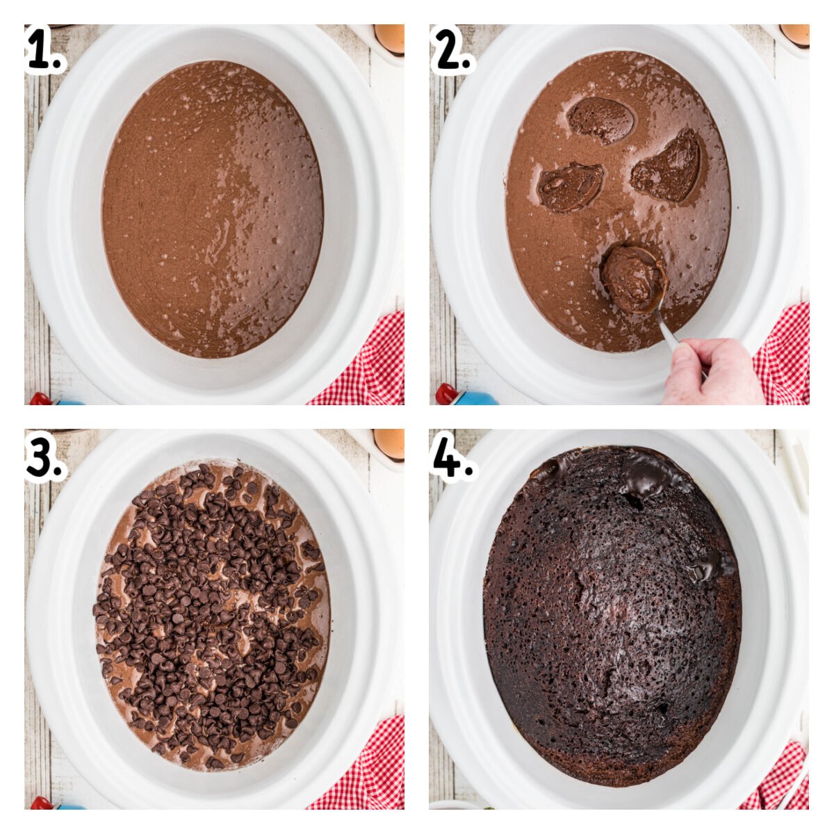 Four images showing how to make lava cake in a slow cooker.